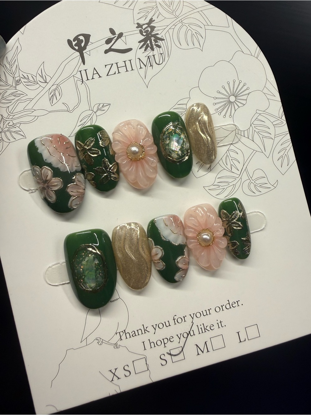 Green and Blush Floral 3D Press-On Nails with Gold Accents Small
